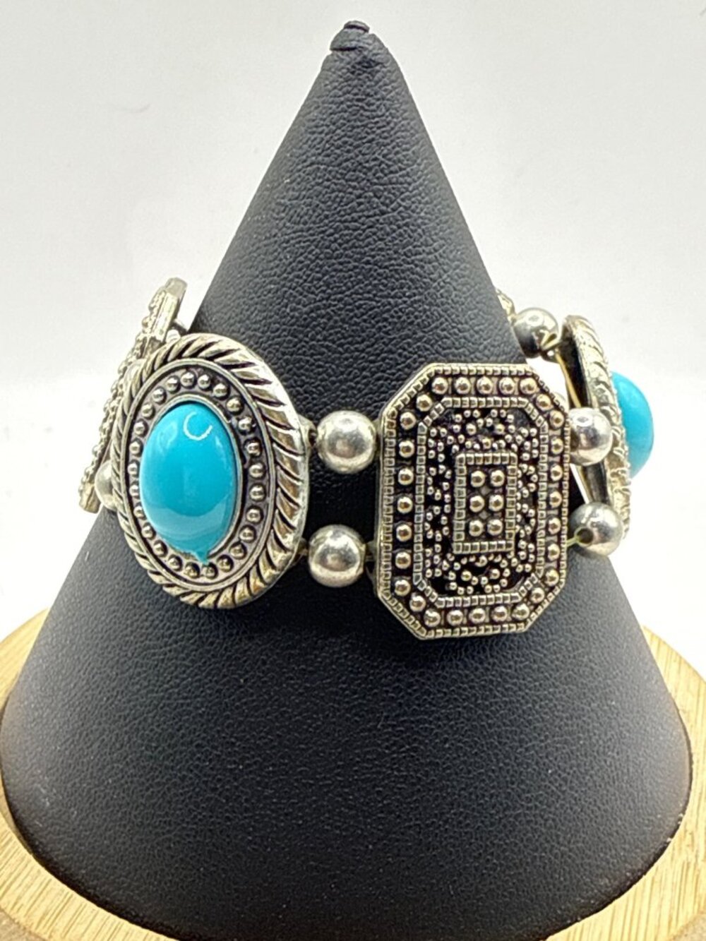 Vintage Boho Faux Turquoise Stretch Panel Bracelet Silver Tone Southwest Festiva